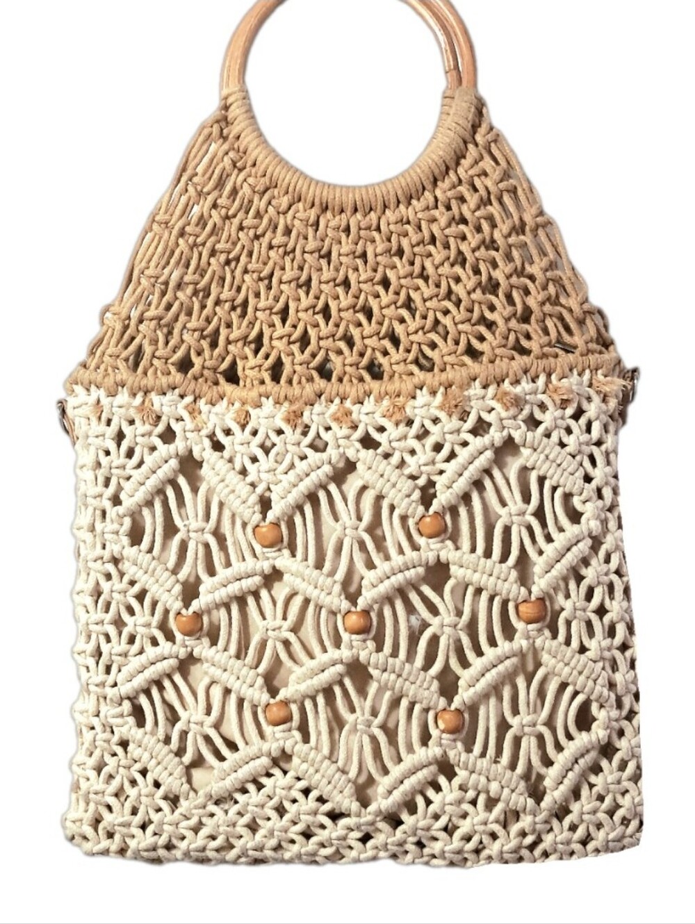Bohemian Macramé Beachy Boho Summer Tote Bag in Tan and Cream With Wooden Handle